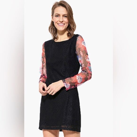 Desigual Pichi lined black lace body, mesh floral print long sleeve fitted midi - Picture 2 of 9